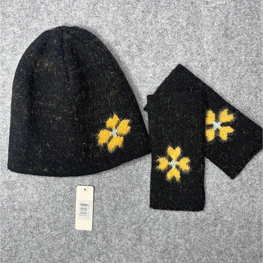Black Yellow Floral Fuzzy Floral Beanie & Arm Warmer Set NWT